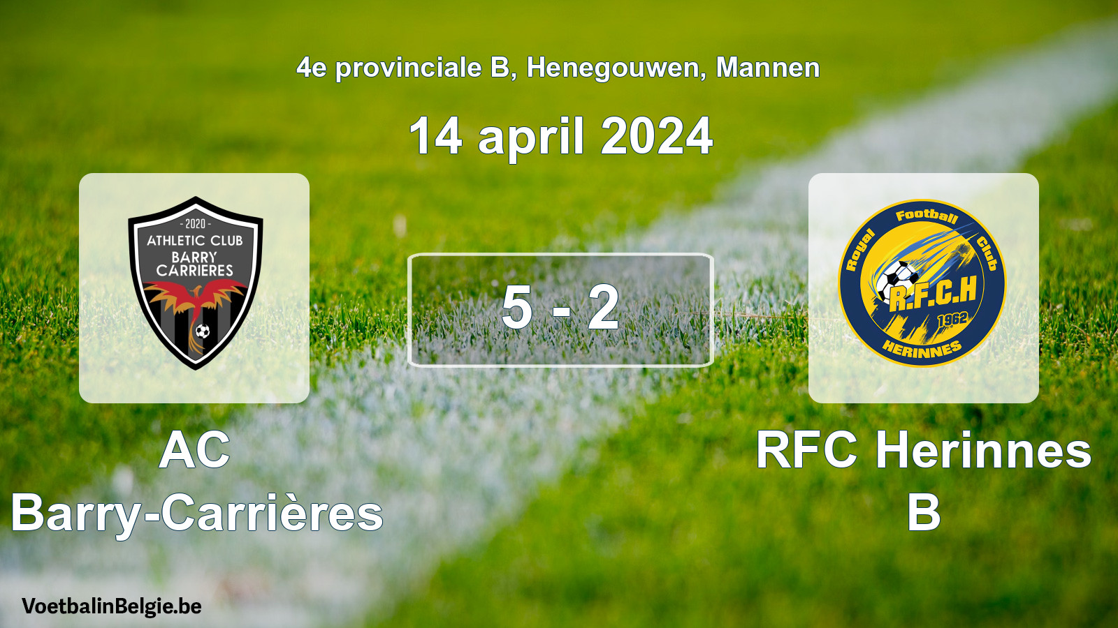 Gespeelde wedstrijd mannenvoetbal: AC Barry-Carrières - RFC Herinnes B 5 - 2 (14 april 2024)