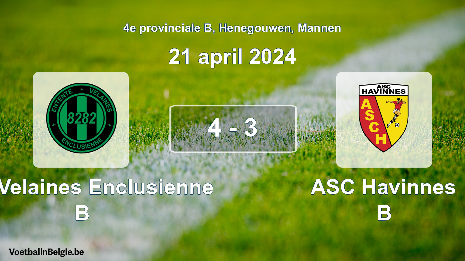 Gespeelde wedstrijd mannenvoetbal: Ent. Velaines Enclusienne B - ASC Havinnes B 4 - 3 (21 april 2024)