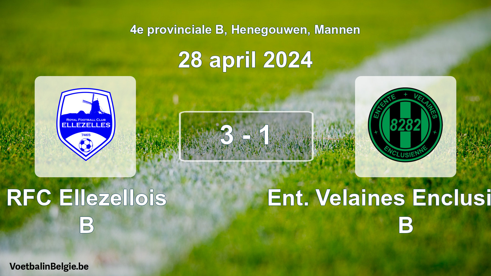 Gespeelde wedstrijd mannenvoetbal: RFC Ellezellois B - Ent. Velaines Enclusienne B 3 - 1 (28 april 2024)