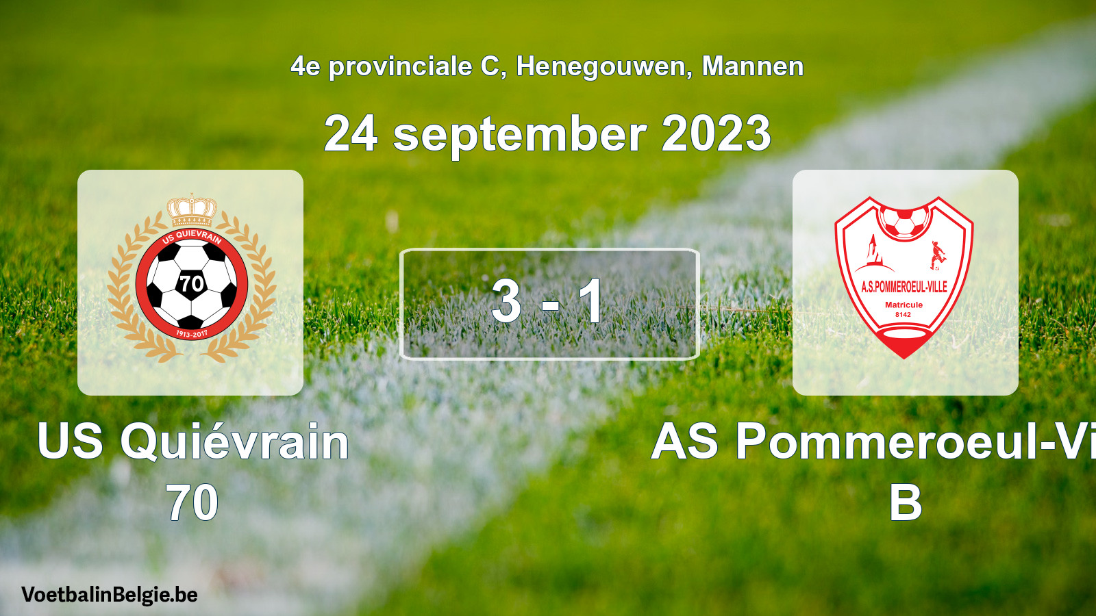 Gespeelde wedstrijd mannenvoetbal: US Quiévrain 70 - AS Pommeroeul-Ville B 3 - 1 (24 september 2023)