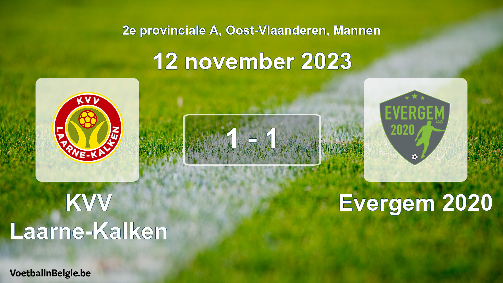 Gespeelde wedstrijd mannenvoetbal: KVV Laarne-Kalken - Evergem 2020 1 - 1 (12 november 2023)