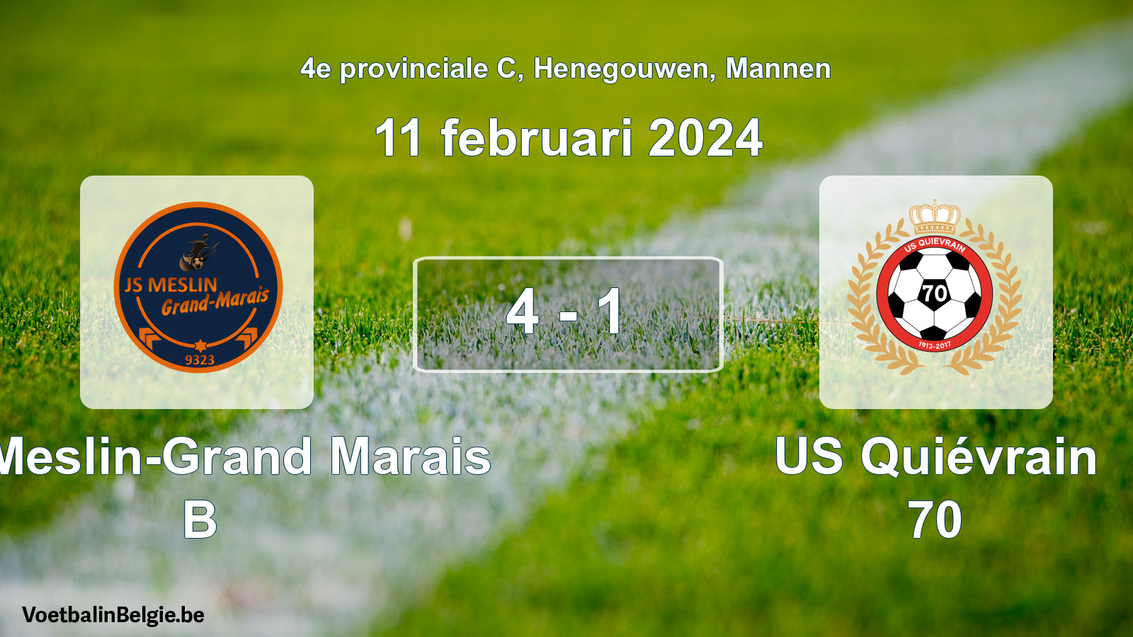 Gespeelde wedstrijd mannenvoetbal: JS Meslin-Grand Marais B - US Quiévrain 70 4 - 1 (11 februari 2024)