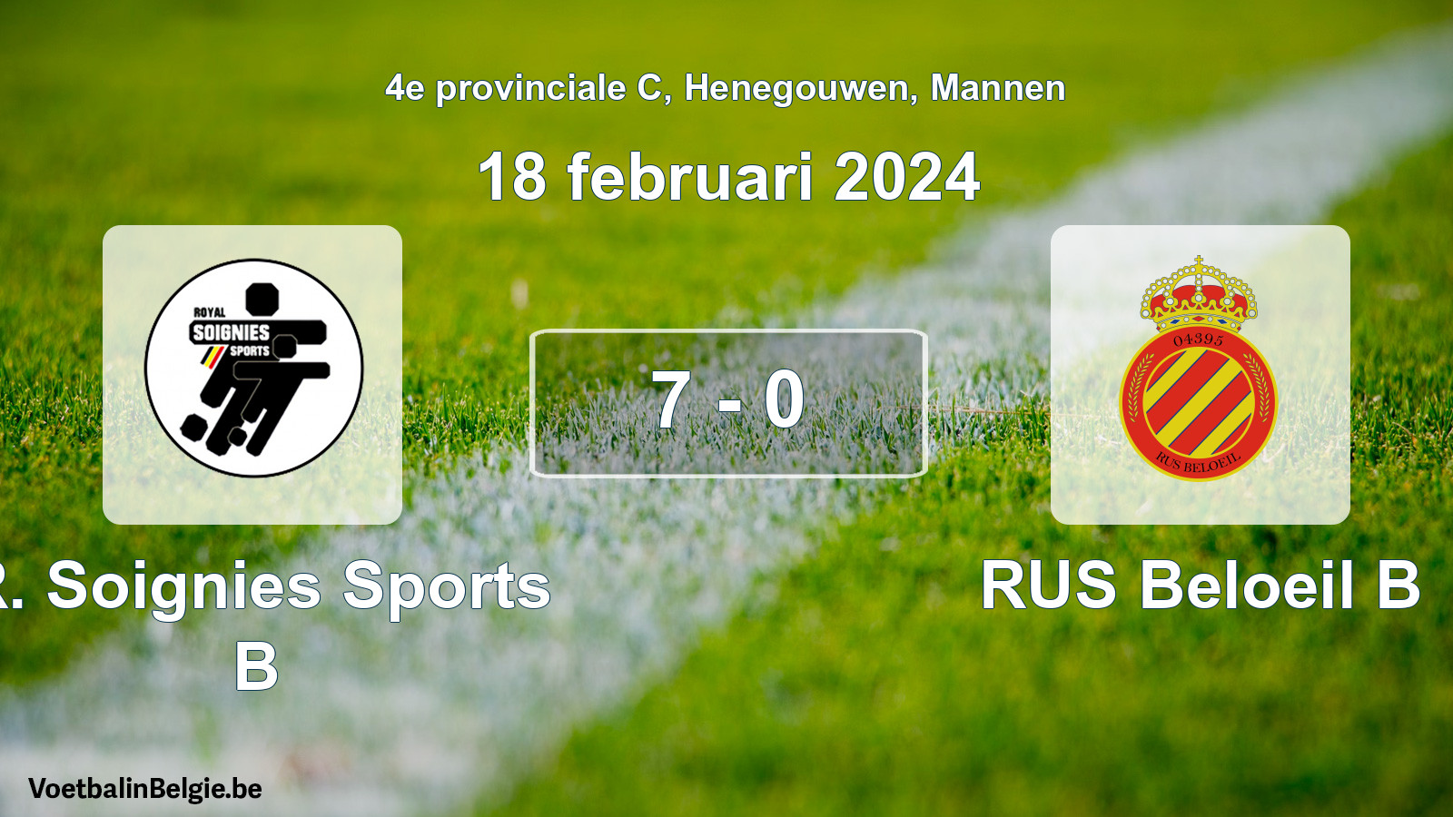 Gespeelde wedstrijd mannenvoetbal: R. Soignies Sports B - RUS Beloeil B 7 - 0 (18 februari 2024)