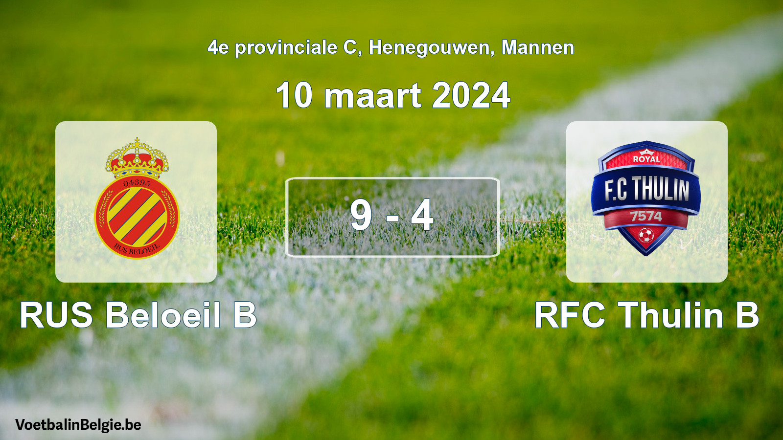 Gespeelde wedstrijd mannenvoetbal: RUS Beloeil B - RFC Thulin B 9 - 4 (10 maart 2024)