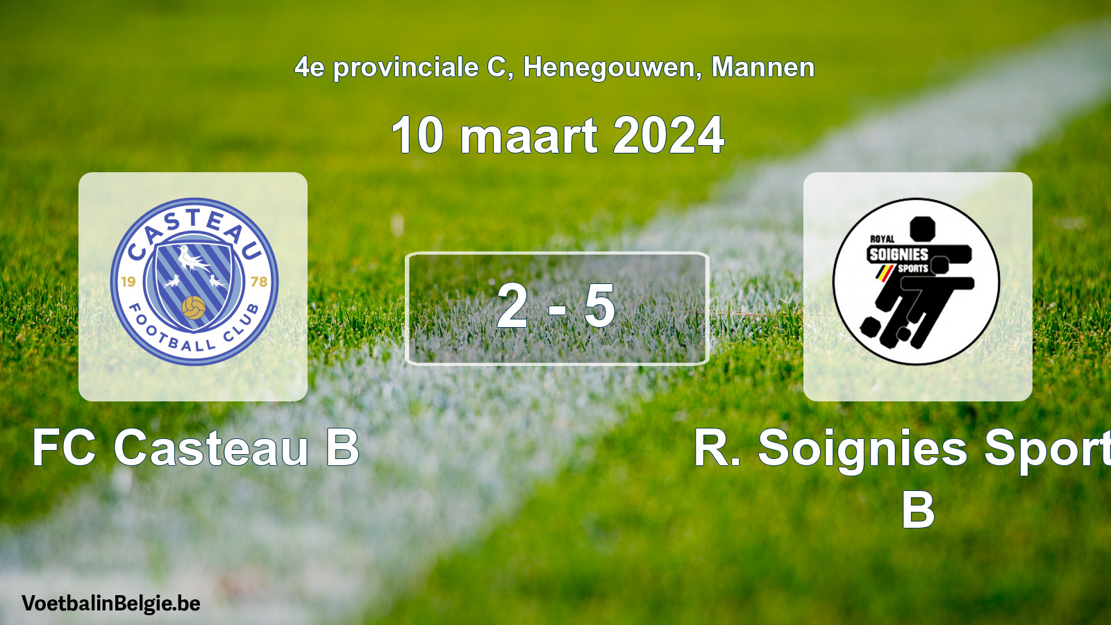 Gespeelde wedstrijd mannenvoetbal: FC Casteau B - R. Soignies Sports B 2 - 5 (10 maart 2024)