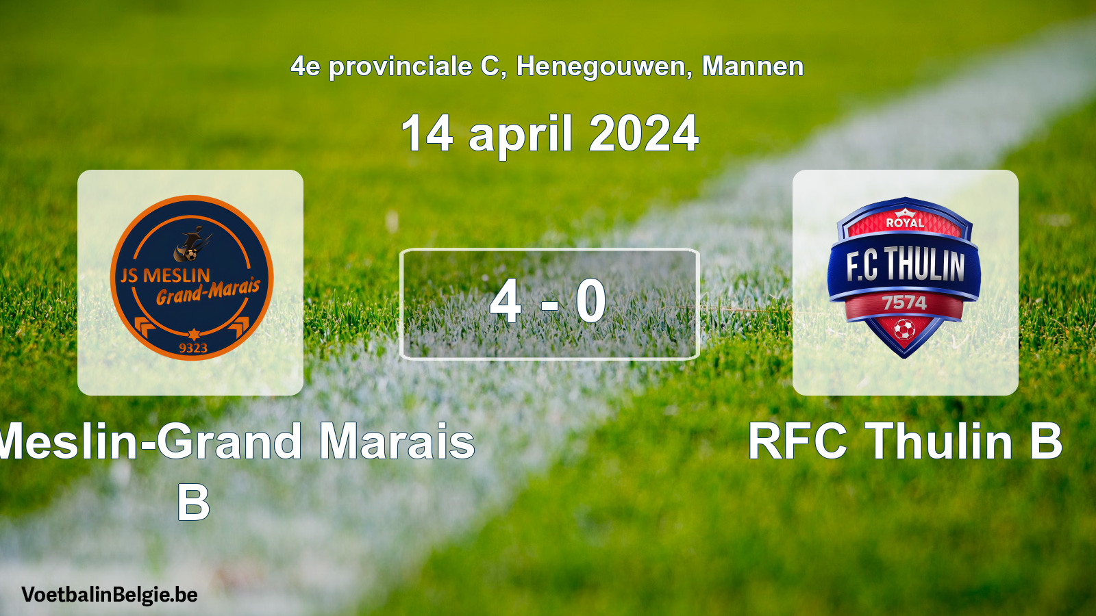 Gespeelde wedstrijd mannenvoetbal: JS Meslin-Grand Marais B - RFC Thulin B 4 - 0 (14 april 2024)