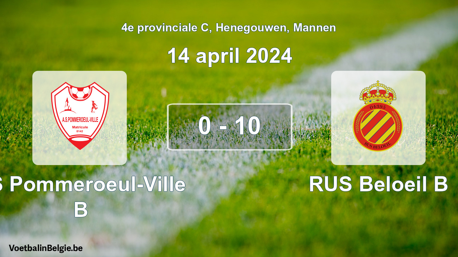 Gespeelde wedstrijd mannenvoetbal: AS Pommeroeul-Ville B - RUS Beloeil B 0 - 10 (14 april 2024)
