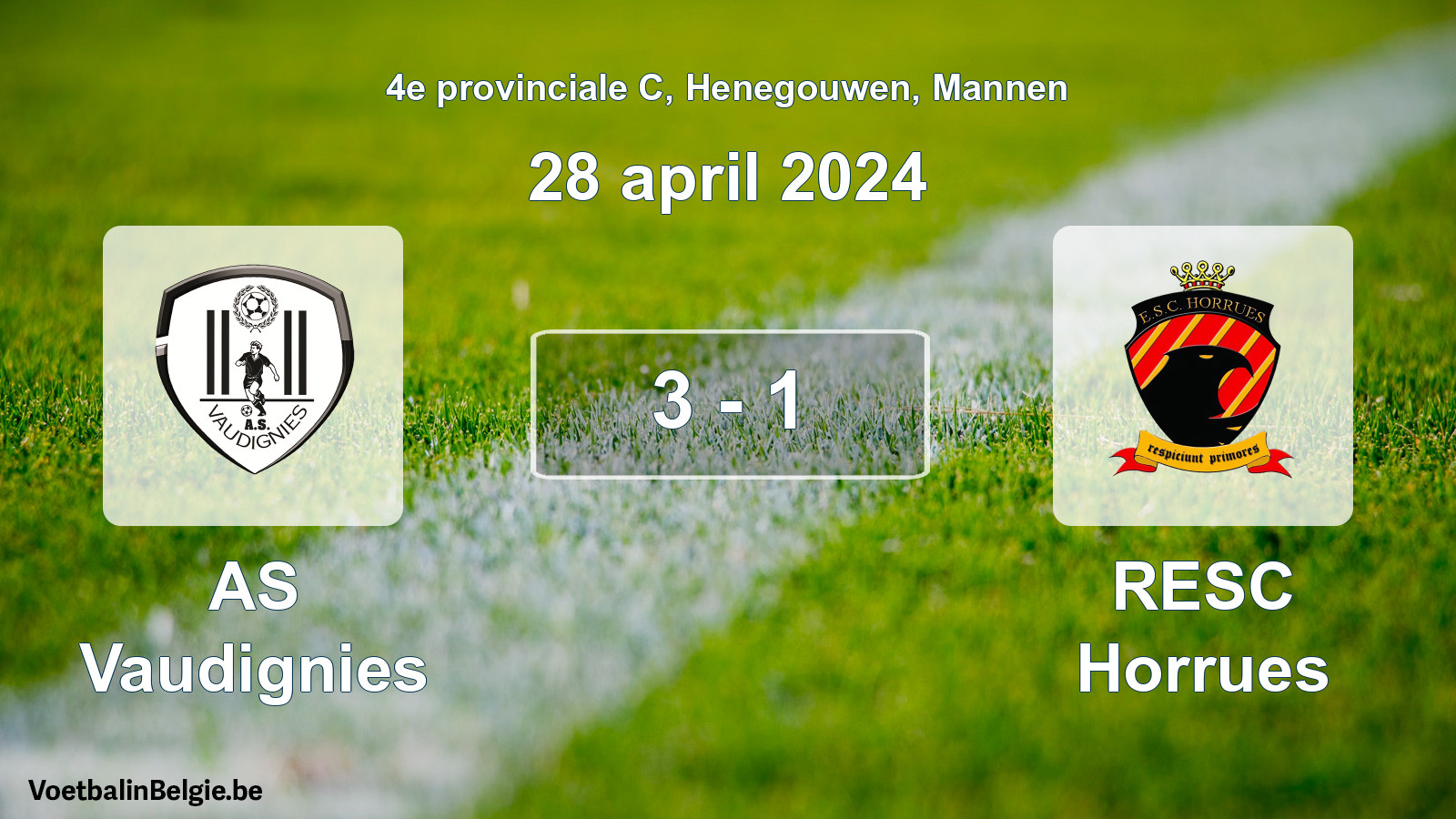 Gespeelde wedstrijd mannenvoetbal: AS Vaudignies - RESC Horrues 3 - 1 (28 april 2024)