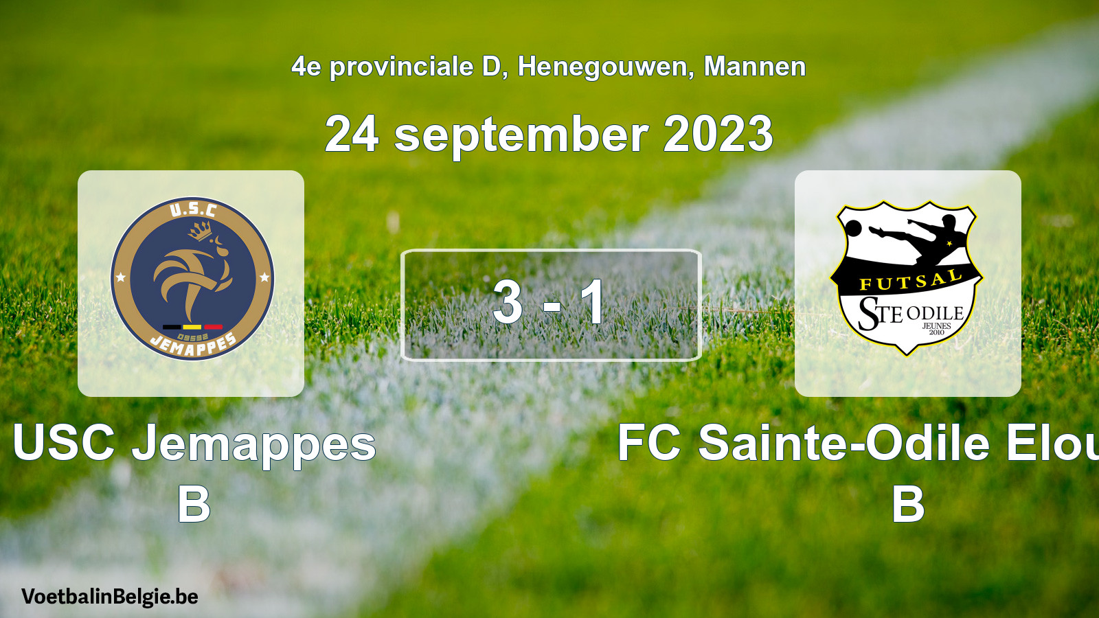 Gespeelde wedstrijd mannenvoetbal: USC Jemappes B - FC Sainte-Odile Elouges B 3 - 1 (24 september 2023)