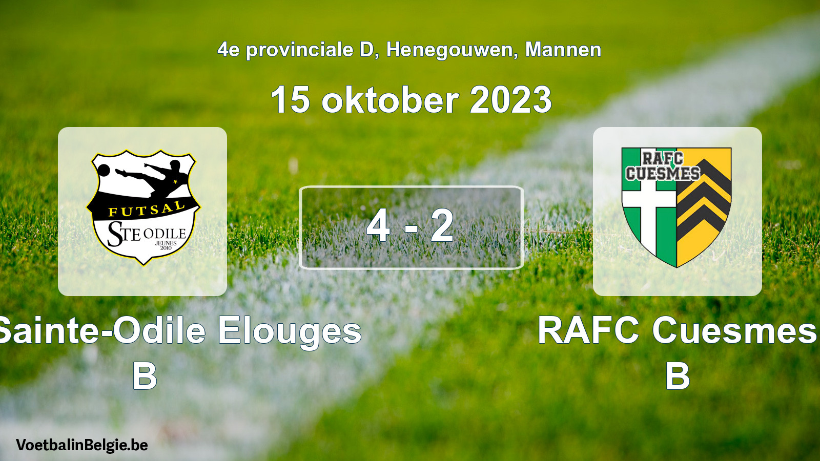 Gespeelde wedstrijd mannenvoetbal: FC Sainte-Odile Elouges B - RAFC Cuesmes B 4 - 2 (15 oktober 2023)