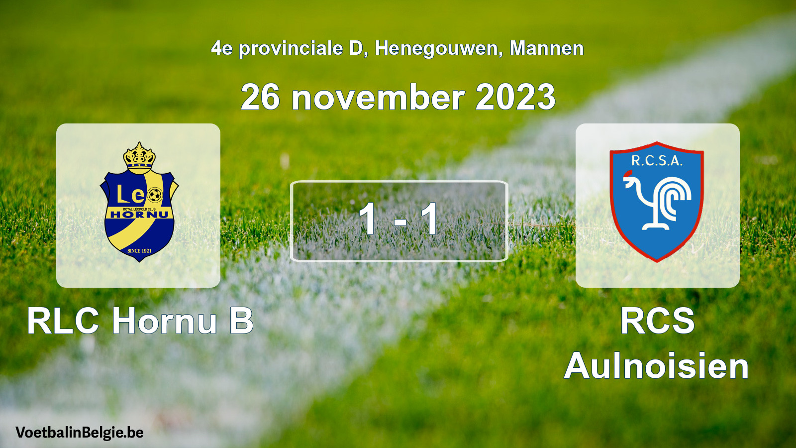 Gespeelde wedstrijd mannenvoetbal: RLC Hornu B - RCS Aulnoisien 1 - 1 (26 november 2023)