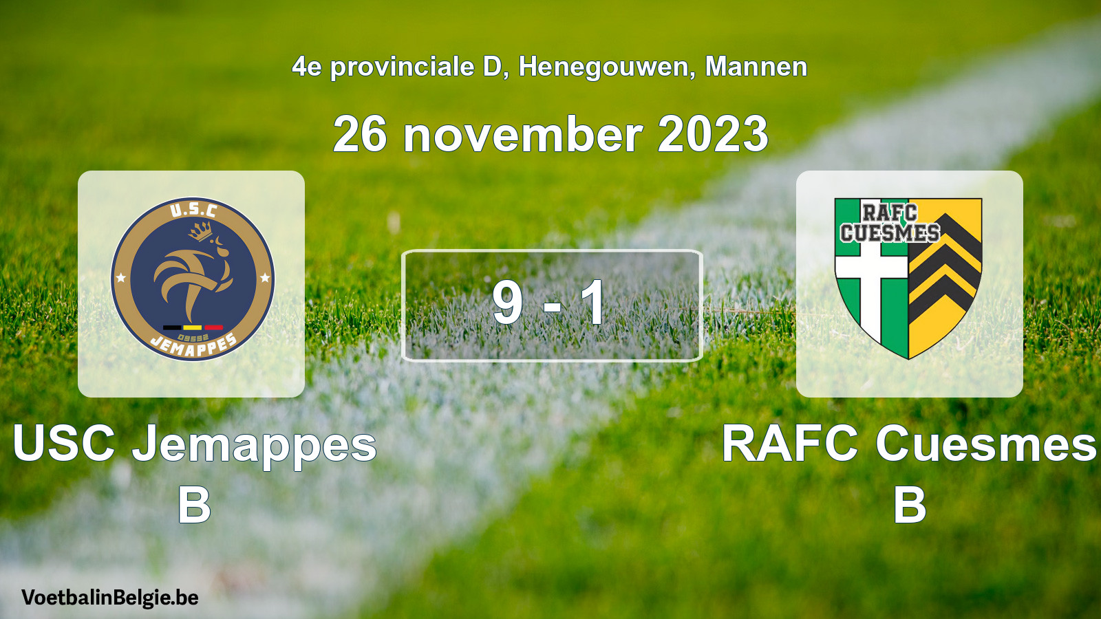Gespeelde wedstrijd mannenvoetbal: USC Jemappes B - RAFC Cuesmes B 9 - 1 (26 november 2023)