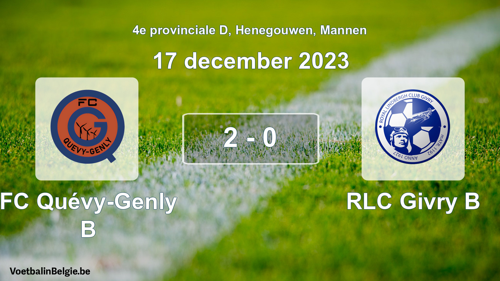 Gespeelde wedstrijd mannenvoetbal: FC Quévy-Genly B - RLC Givry B 2 - 0 (17 december 2023)