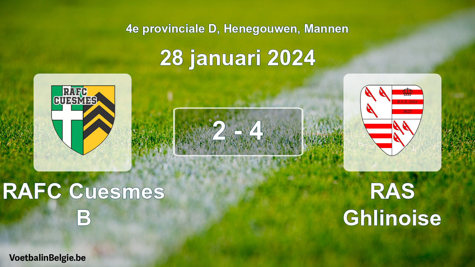 Gespeelde wedstrijd mannenvoetbal: RAFC Cuesmes B - RAS Ghlinoise 2 - 4 (28 januari 2024)