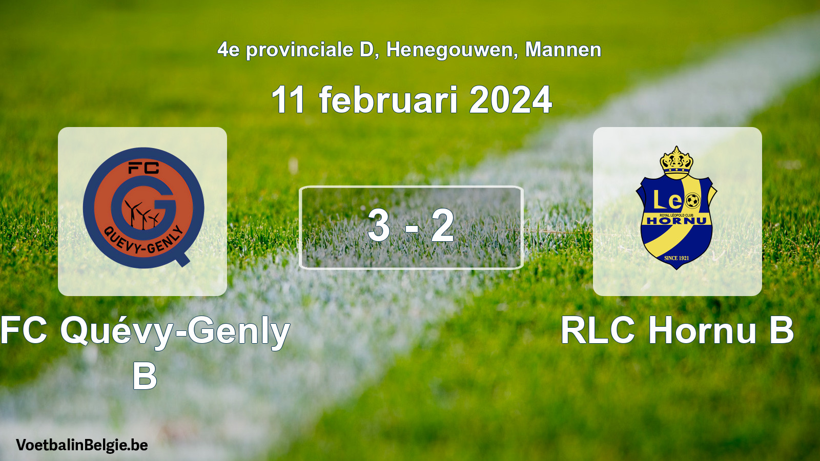 Gespeelde wedstrijd mannenvoetbal: FC Quévy-Genly B - RLC Hornu B 3 - 2 (11 februari 2024)