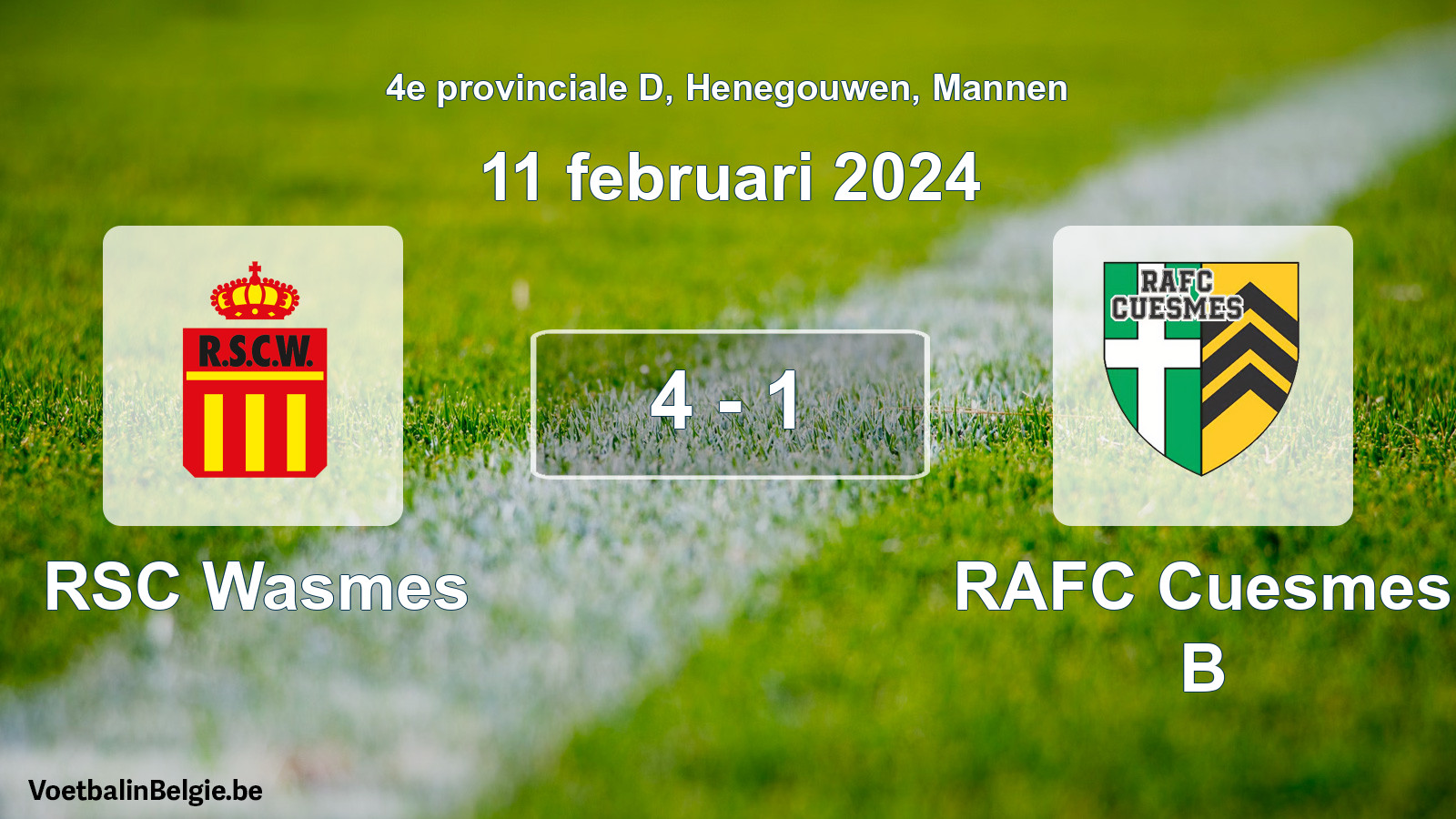 Gespeelde wedstrijd mannenvoetbal: RSC Wasmes - RAFC Cuesmes B 4 - 1 (11 februari 2024)