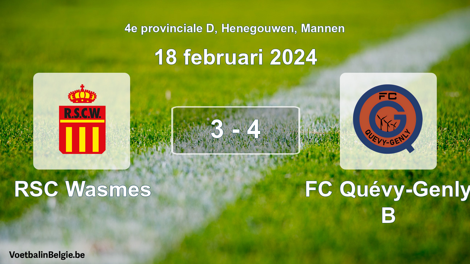 Gespeelde wedstrijd mannenvoetbal: RSC Wasmes - FC Quévy-Genly B 3 - 4 (18 februari 2024)