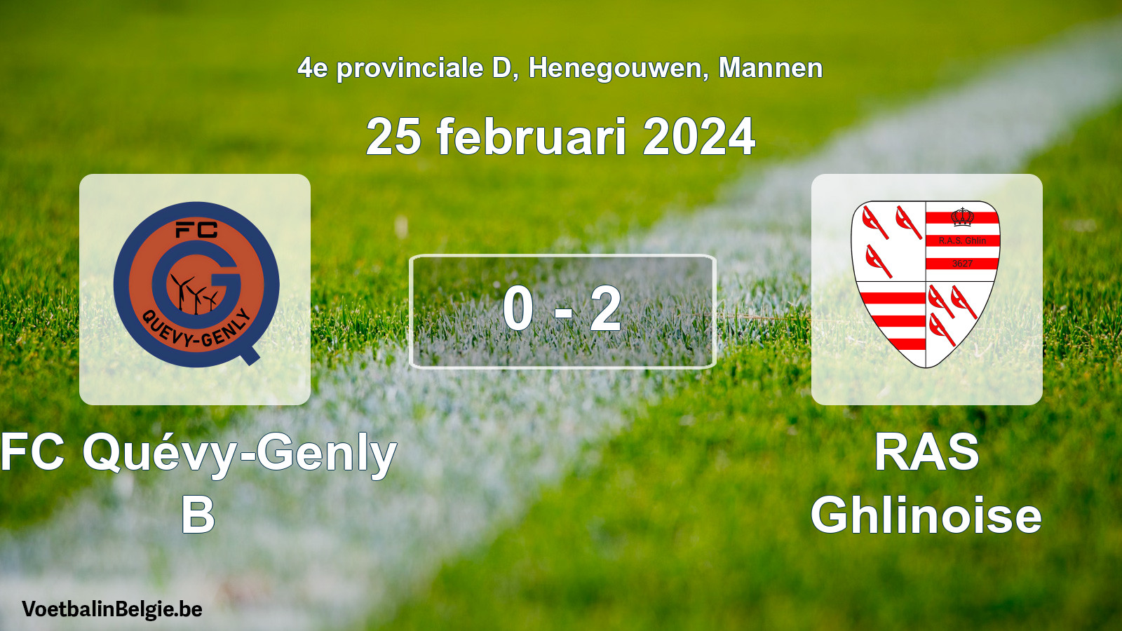 Gespeelde wedstrijd mannenvoetbal: FC Quévy-Genly B - RAS Ghlinoise 0 - 2 (25 februari 2024)