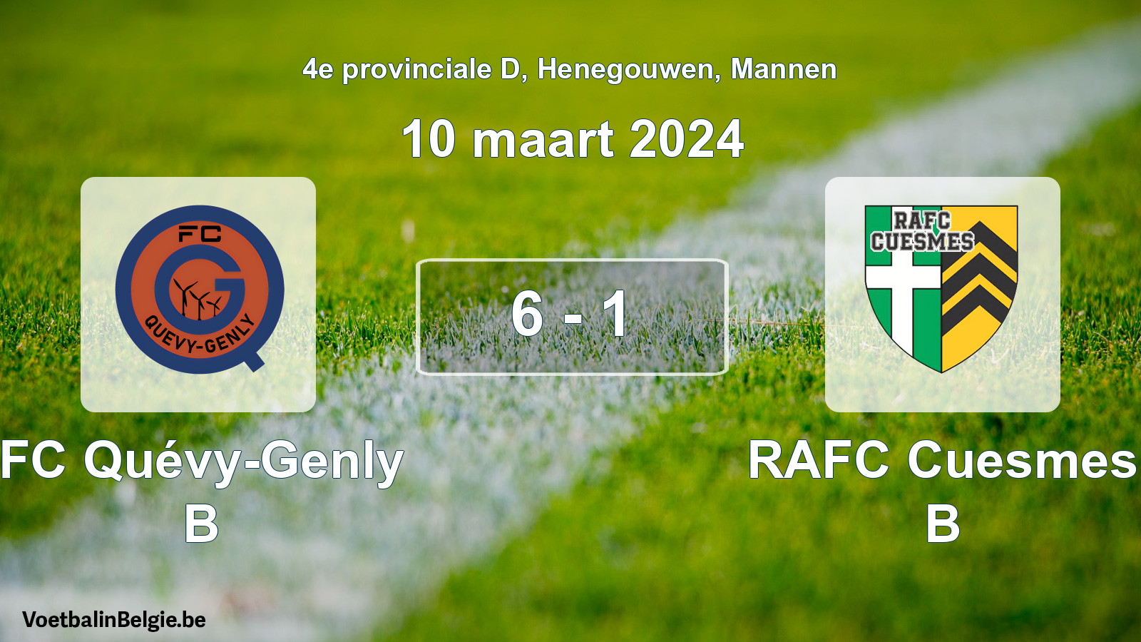 Gespeelde wedstrijd mannenvoetbal: FC Quévy-Genly B - RAFC Cuesmes B 6 - 1 (10 maart 2024)