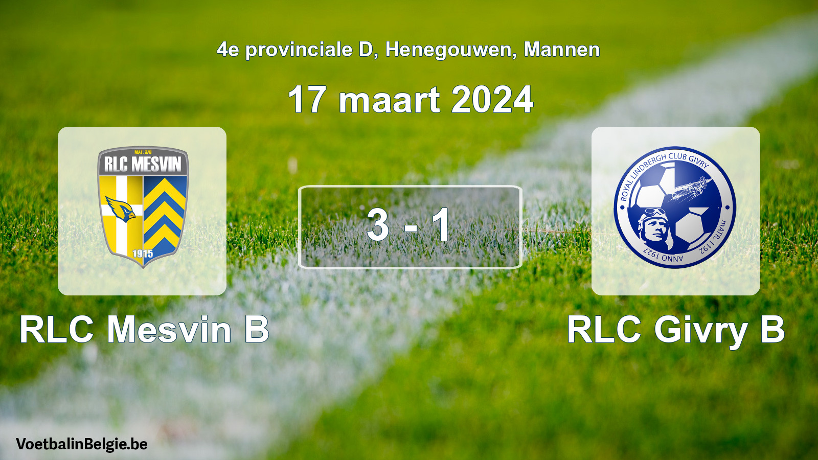 Gespeelde wedstrijd mannenvoetbal: RLC Mesvin B - RLC Givry B 3 - 1 (17 maart 2024)