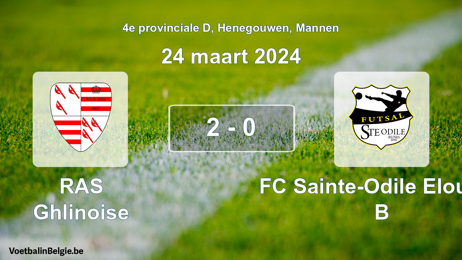 Gespeelde wedstrijd mannenvoetbal: RAS Ghlinoise - FC Sainte-Odile Elouges B 2 - 0 (24 maart 2024)