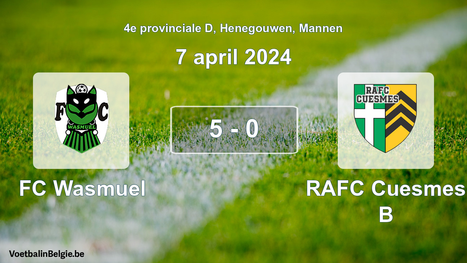 Gespeelde wedstrijd mannenvoetbal: FC Wasmuel - RAFC Cuesmes B 5 - 0 (7 april 2024)