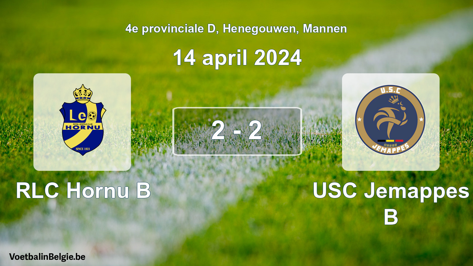 Gespeelde wedstrijd mannenvoetbal: RLC Hornu B - USC Jemappes B 2 - 2 (14 april 2024)