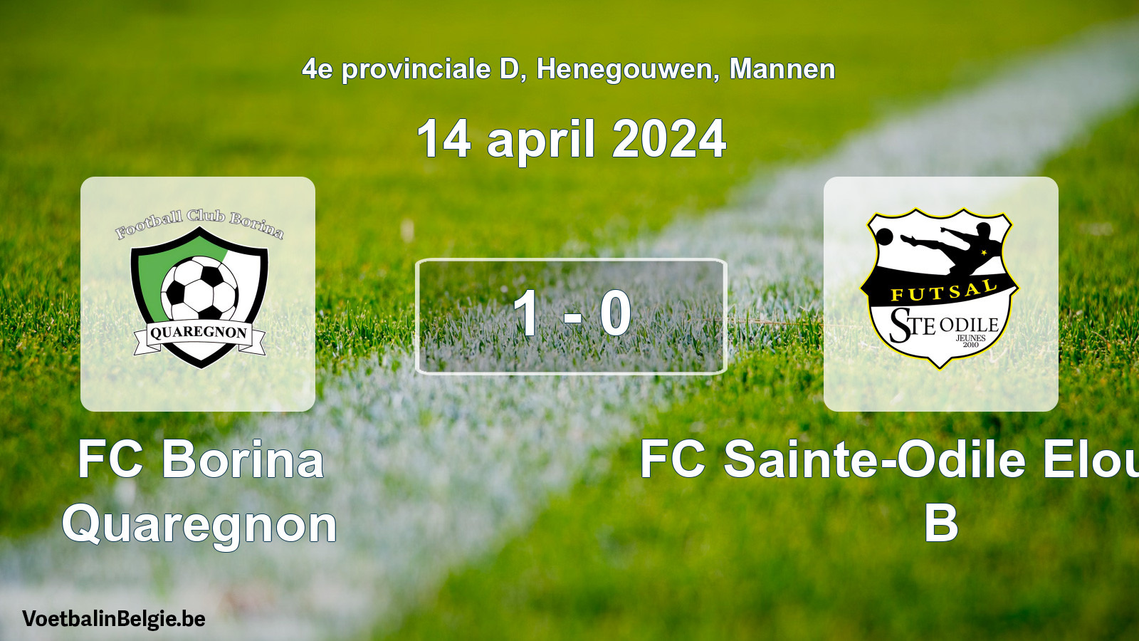 Gespeelde wedstrijd mannenvoetbal: FC Borina Quaregnon - FC Sainte-Odile Elouges B 1 - 0 (14 april 2024)