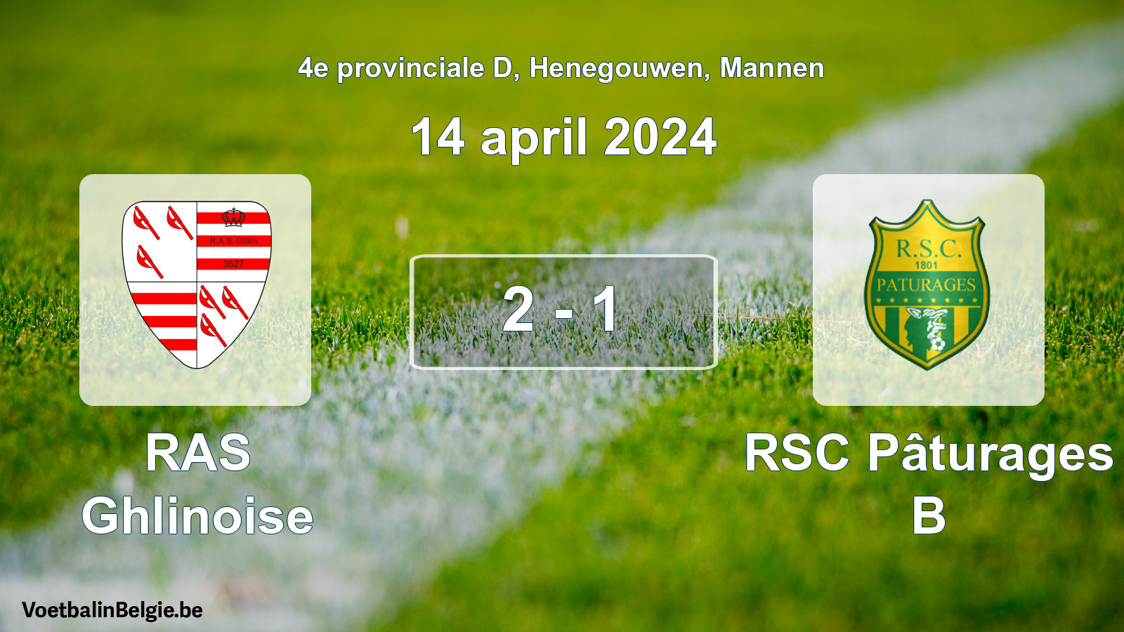 Gespeelde wedstrijd mannenvoetbal: RAS Ghlinoise - RSC Pâturages B 2 - 1 (14 april 2024)