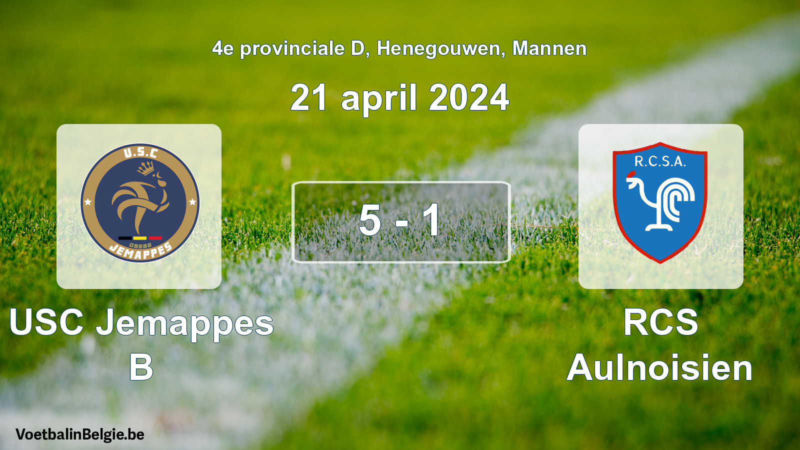 Gespeelde wedstrijd mannenvoetbal: USC Jemappes B - RCS Aulnoisien 5 - 1 (21 april 2024)