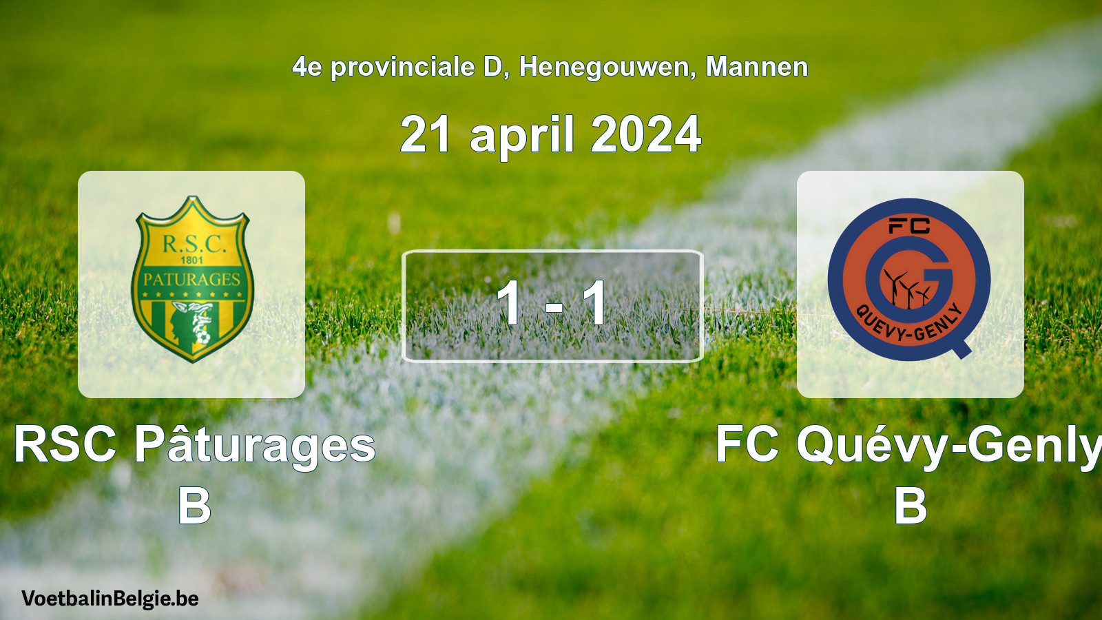 Gespeelde wedstrijd mannenvoetbal: RSC Pâturages B - FC Quévy-Genly B 1 - 1 (21 april 2024)