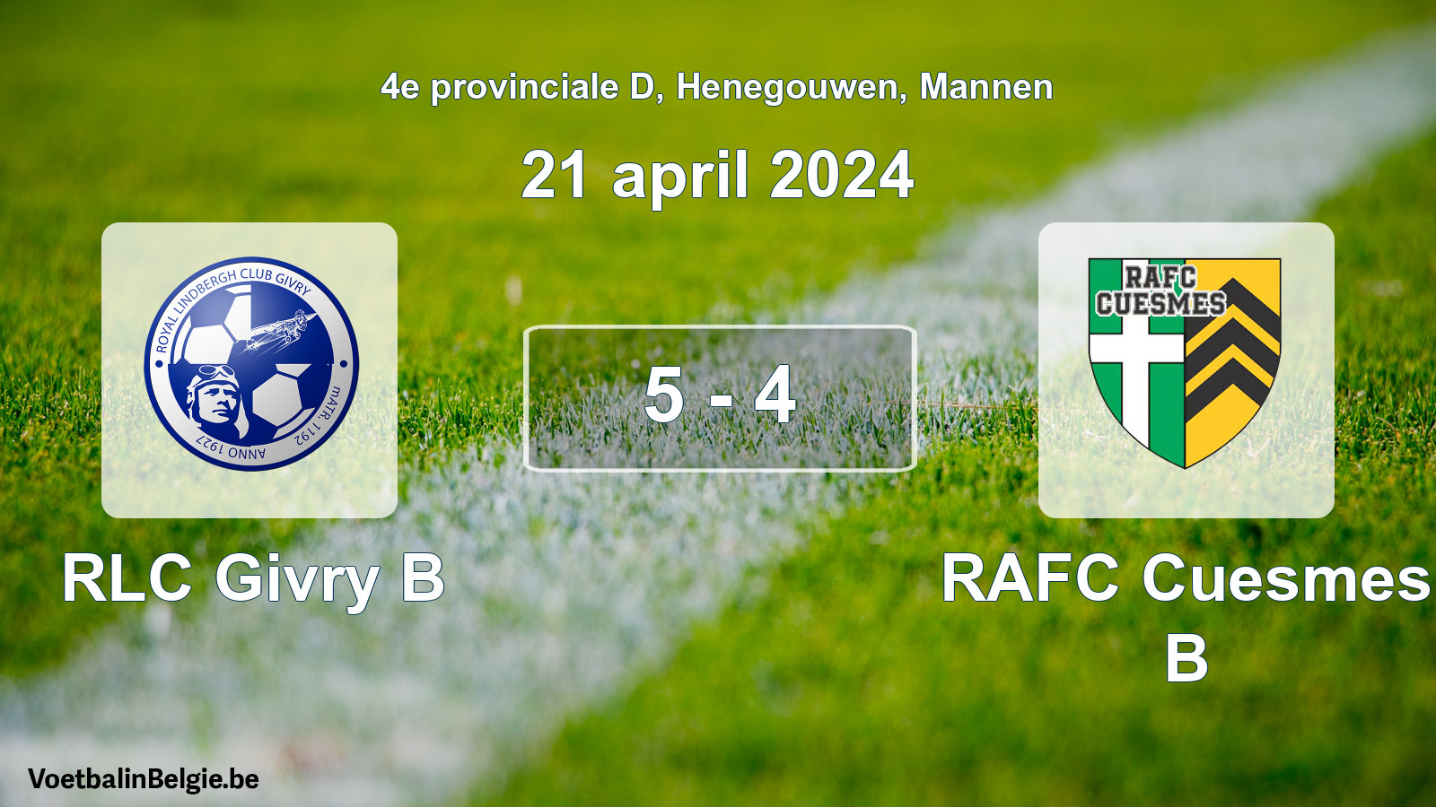 Gespeelde wedstrijd mannenvoetbal: RLC Givry B - RAFC Cuesmes B 5 - 4 (21 april 2024)