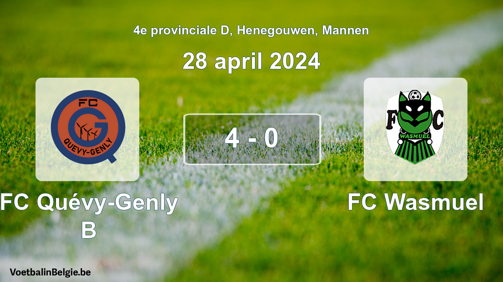 Gespeelde wedstrijd mannenvoetbal: FC Quévy-Genly B - FC Wasmuel 4 - 0 (28 april 2024)