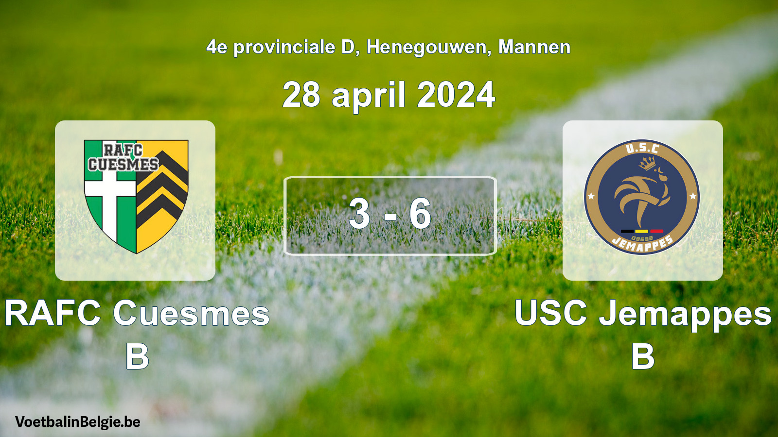 Gespeelde wedstrijd mannenvoetbal: RAFC Cuesmes B - USC Jemappes B 3 - 6 (28 april 2024)