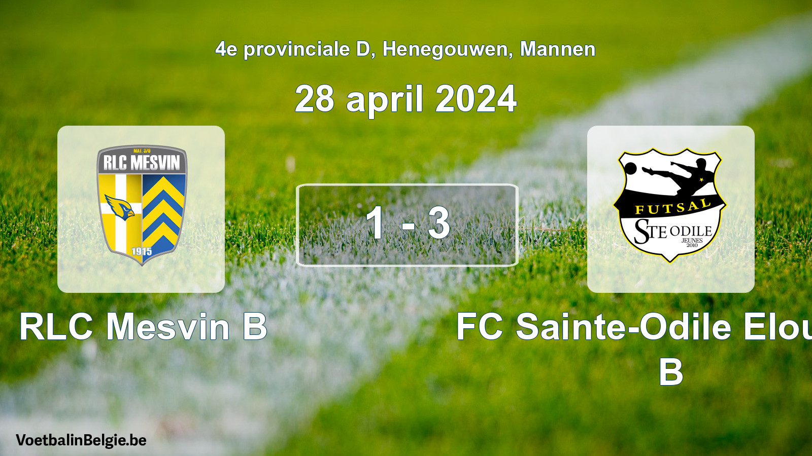 Gespeelde wedstrijd mannenvoetbal: RLC Mesvin B - FC Sainte-Odile Elouges B 1 - 3 (28 april 2024)