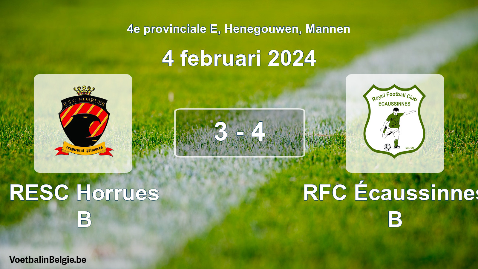 Gespeelde wedstrijd mannenvoetbal: RESC Horrues B - RFC Écaussinnes B 3 - 4 (4 februari 2024)