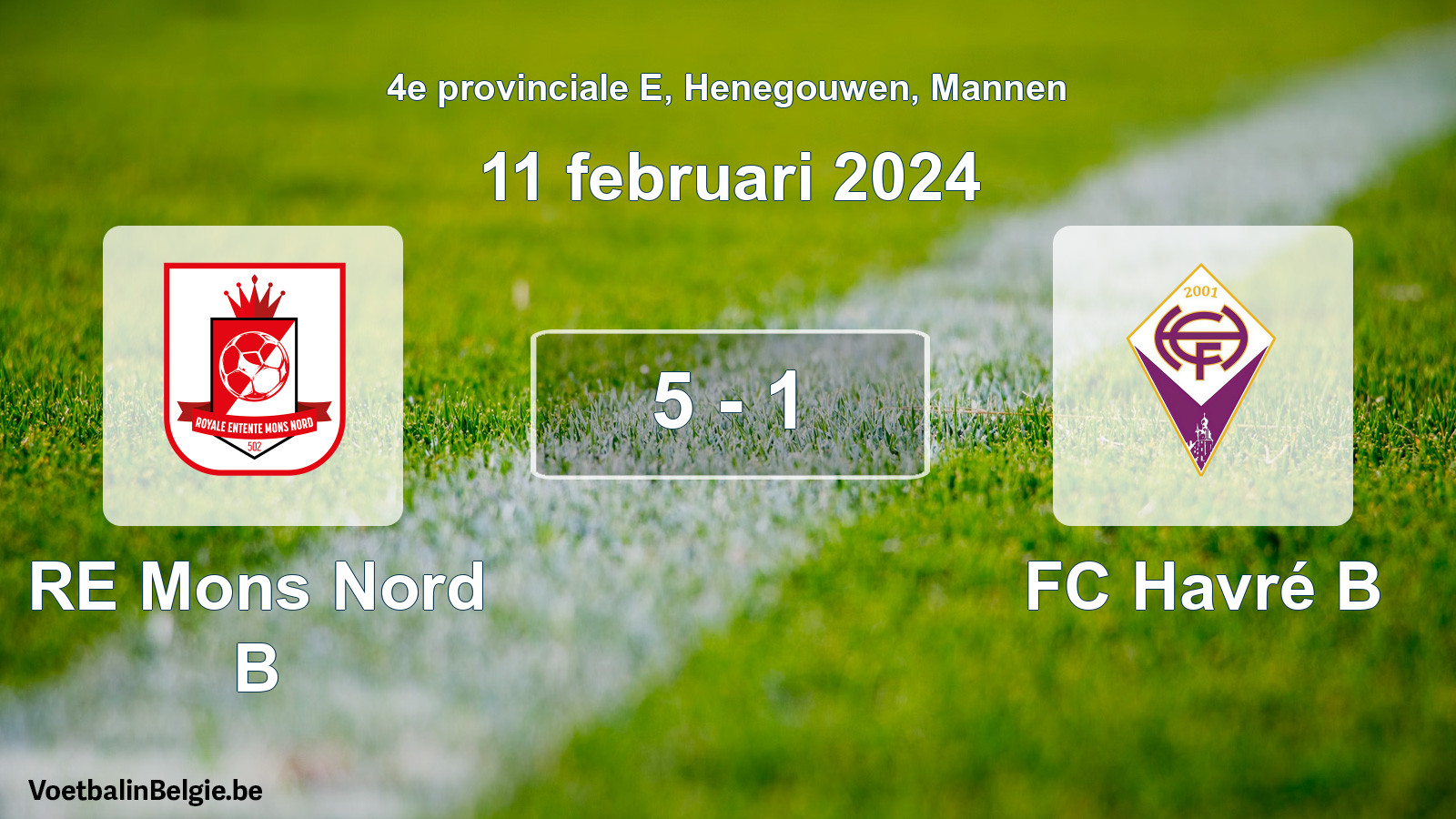 Gespeelde wedstrijd mannenvoetbal: RE Mons Nord B - FC Havré B 5 - 1 (11 februari 2024)