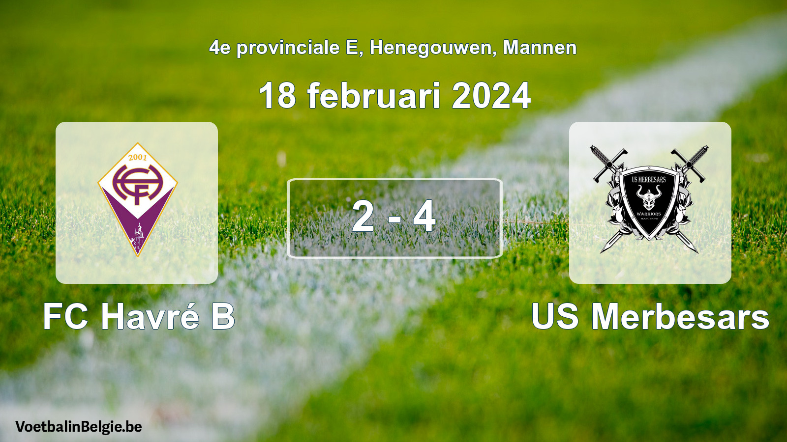Gespeelde wedstrijd mannenvoetbal: FC Havré B - US Merbesars 2 - 4 (18 februari 2024)