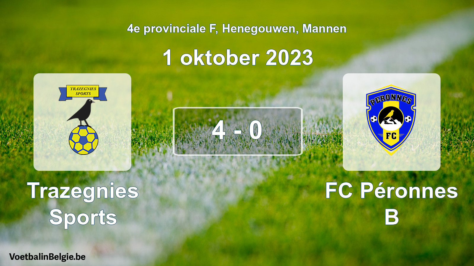 Gespeelde wedstrijd mannenvoetbal: Trazegnies Sports - FC Péronnes B 4 - 0 (1 oktober 2023)