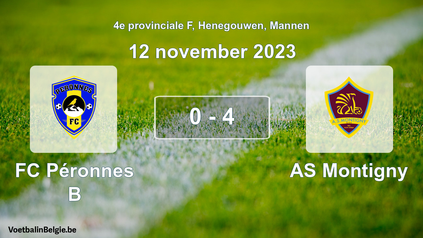 Gespeelde wedstrijd mannenvoetbal: FC Péronnes B - AS Montigny 0 - 4 (12 november 2023)
