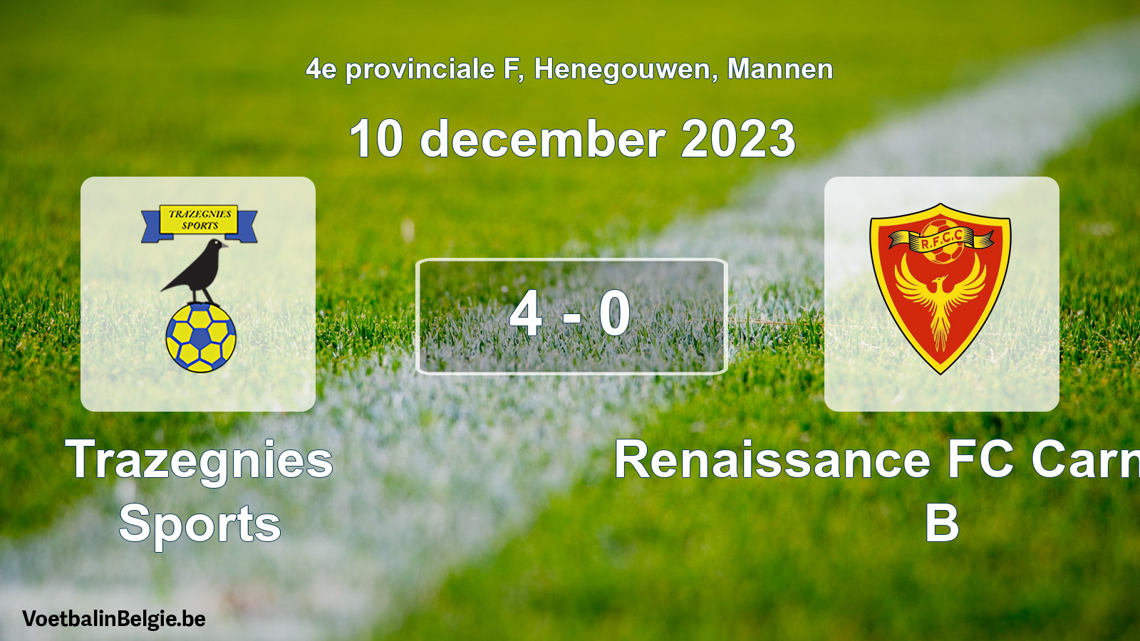 Gespeelde wedstrijd mannenvoetbal: Trazegnies Sports - Renaissance FC Carnières B 4 - 0 (10 december 2023)