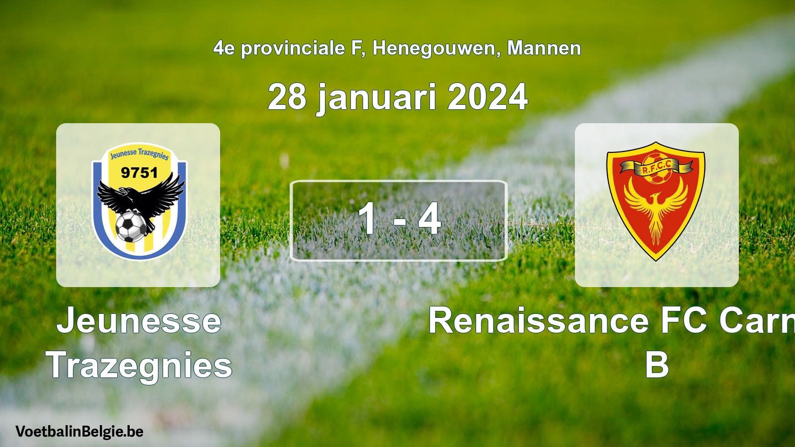 Gespeelde wedstrijd mannenvoetbal: Jeunesse Trazegnies - Renaissance FC Carnières B 1 - 4 (28 januari 2024)