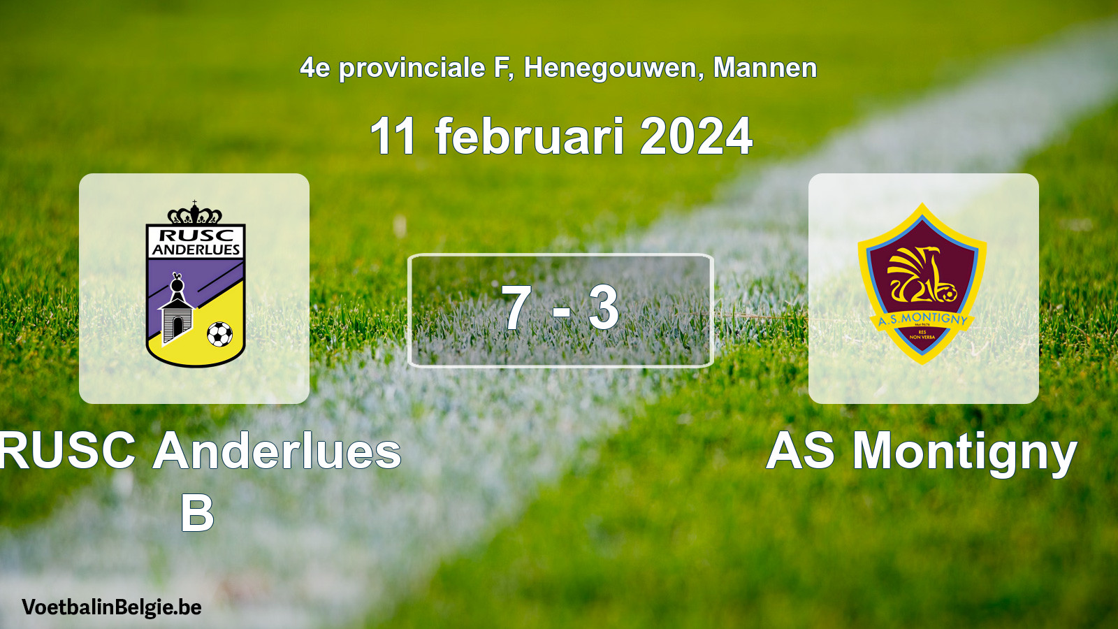 Gespeelde wedstrijd mannenvoetbal: RUSC Anderlues B - AS Montigny 7 - 3 (11 februari 2024)
