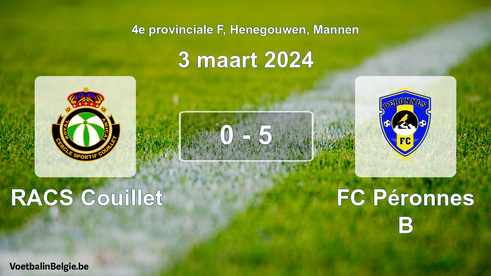 Gespeelde wedstrijd mannenvoetbal: RACS Couillet - FC Péronnes B 0 - 5 (3 maart 2024)