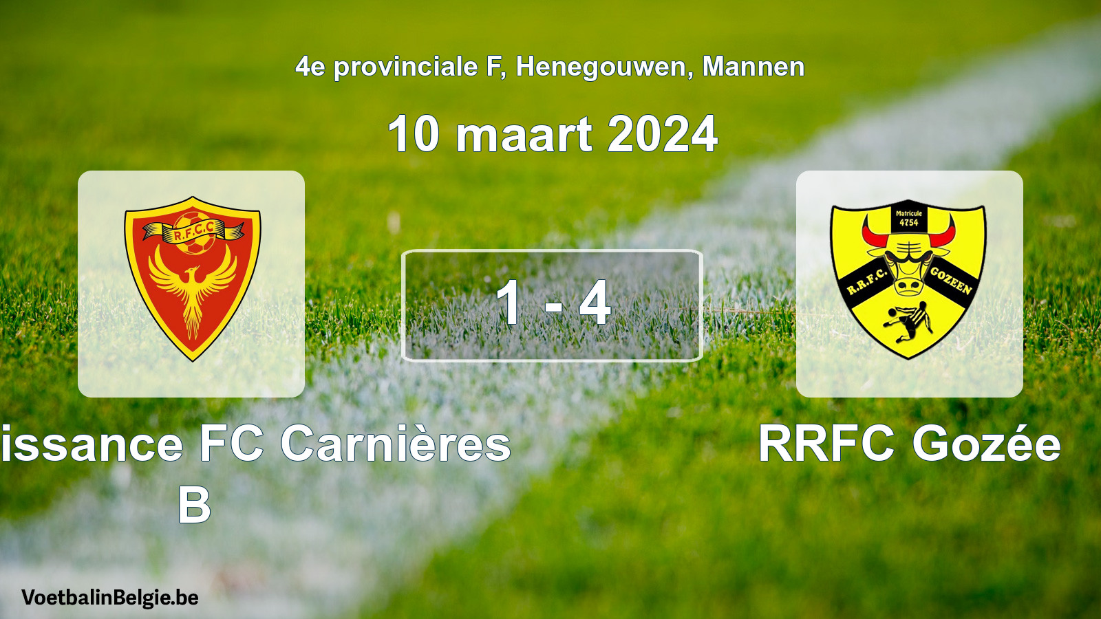 Gespeelde wedstrijd mannenvoetbal: Renaissance FC Carnières B - RRFC Gozée 1 - 4 (10 maart 2024)