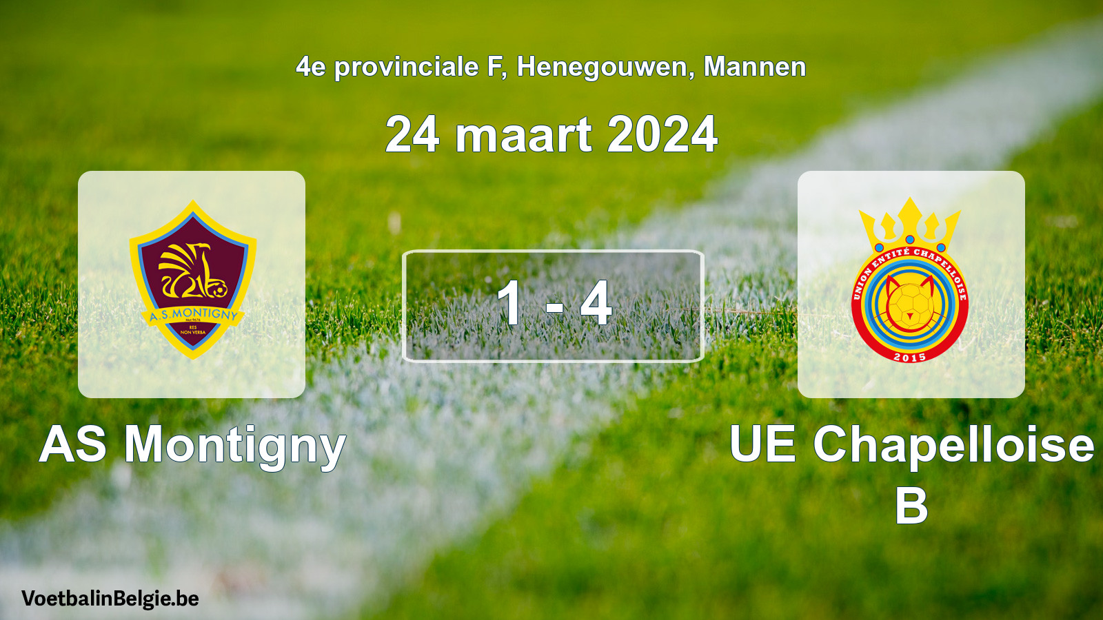 Gespeelde wedstrijd mannenvoetbal: AS Montigny - UE Chapelloise B 1 - 4 (24 maart 2024)