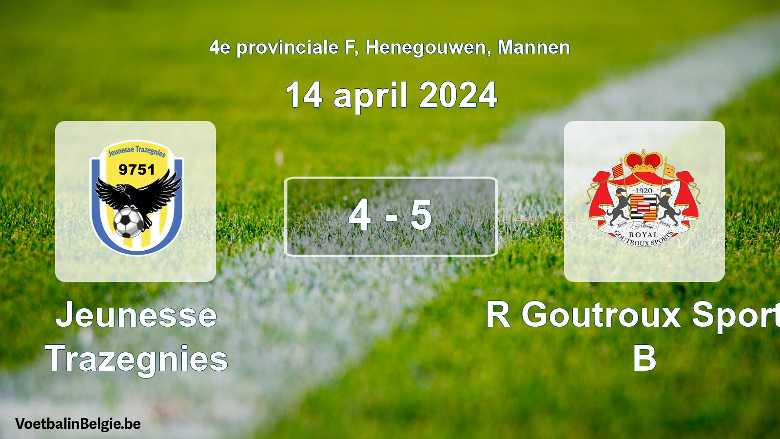 Gespeelde wedstrijd mannenvoetbal: Jeunesse Trazegnies - R Goutroux Sports B 4 - 5 (14 april 2024)