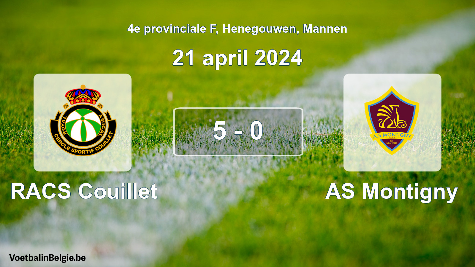 Gespeelde wedstrijd mannenvoetbal: RACS Couillet - AS Montigny 5 - 0 (21 april 2024)