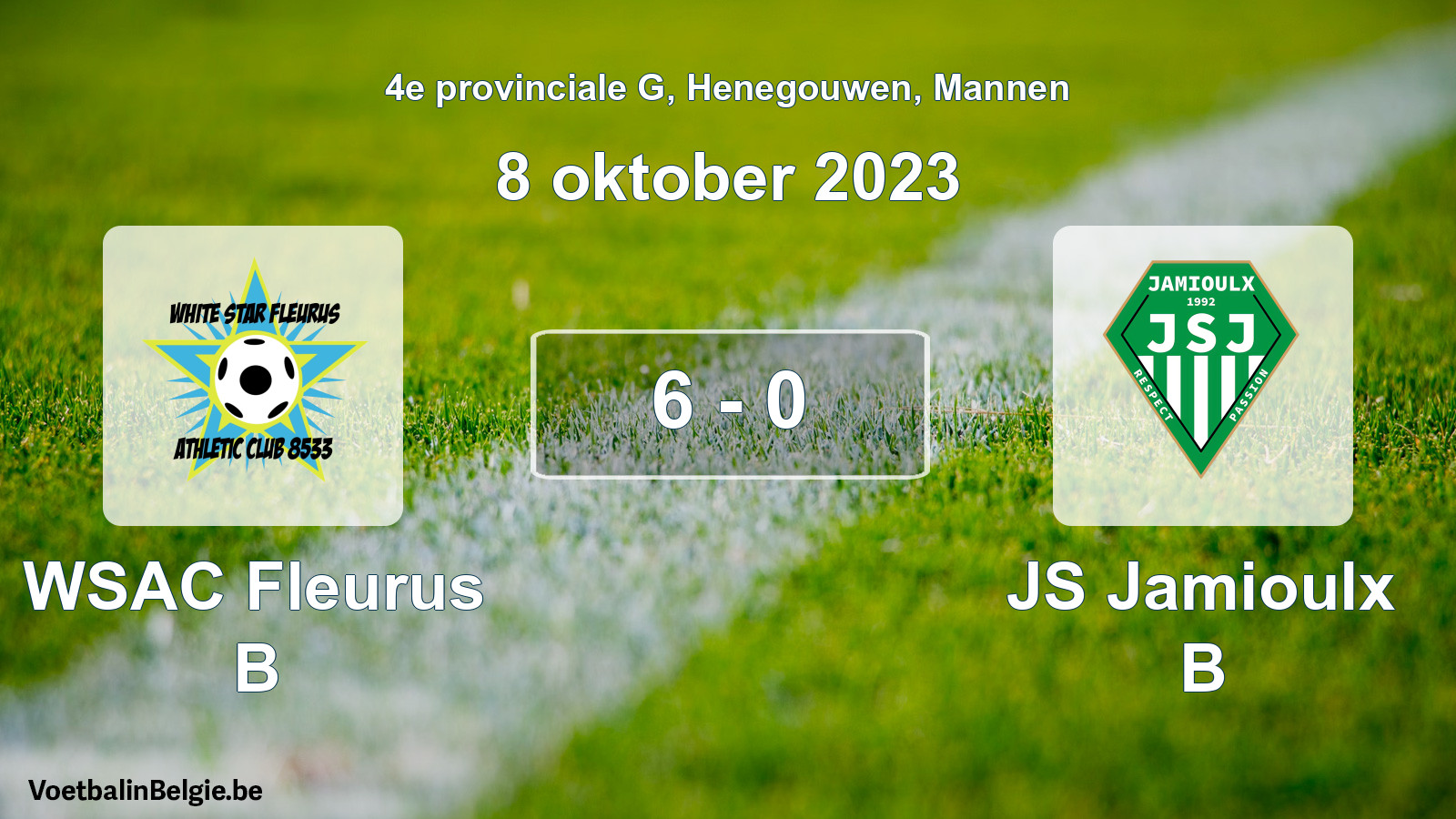 Gespeelde wedstrijd mannenvoetbal: WSAC Fleurus B - JS Jamioulx B 6 - 0 (8 oktober 2023)