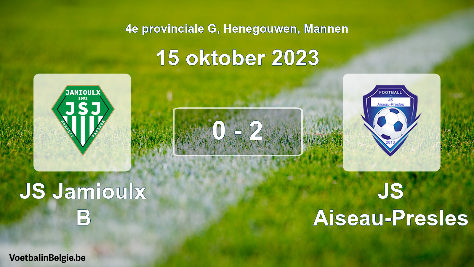 Gespeelde wedstrijd mannenvoetbal: JS Jamioulx B - JS Aiseau-Presles 0 - 2 (15 oktober 2023)